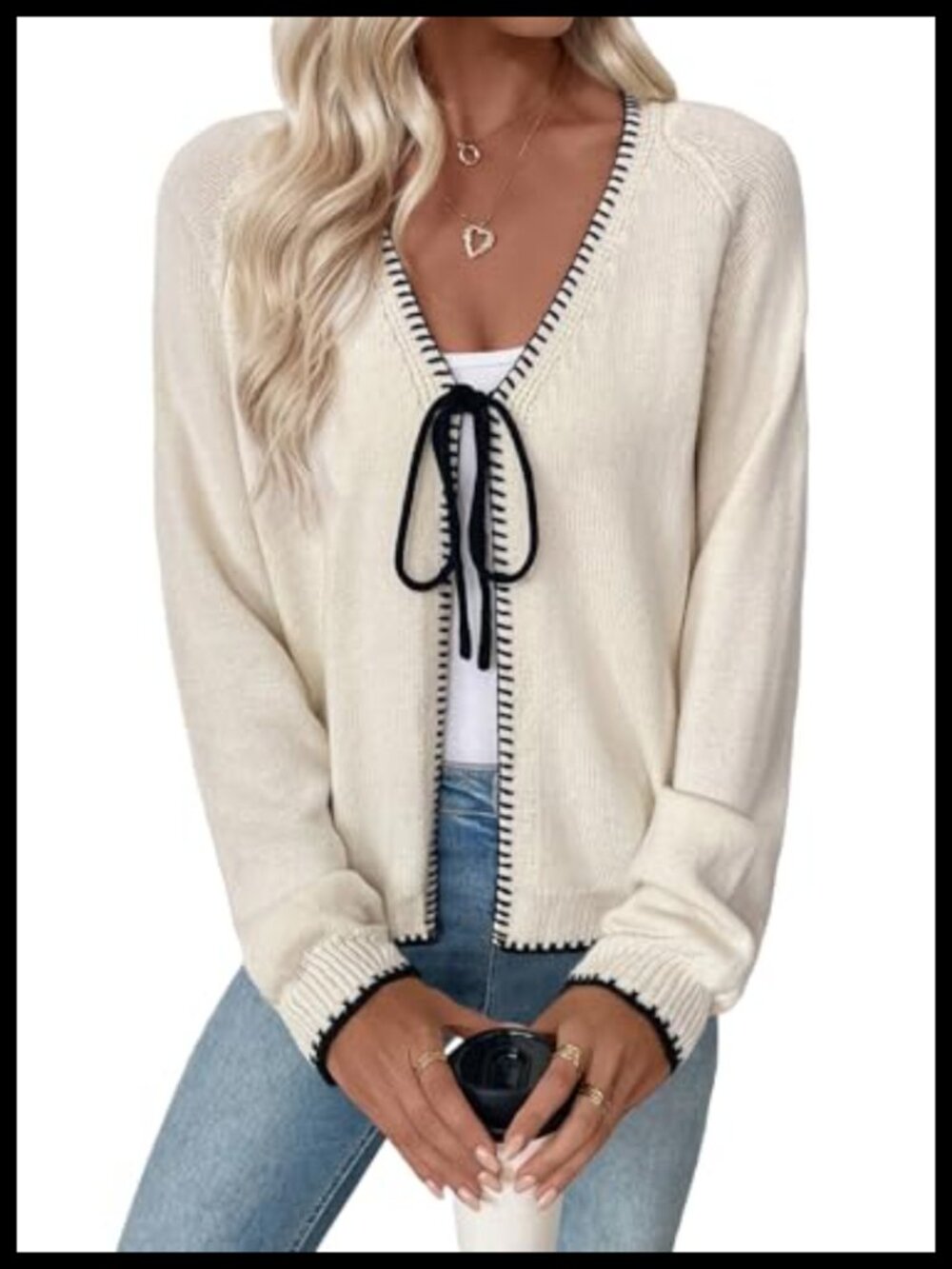 Open Front Bow Tie Cardigan Sweater - Lightweight Knit Long Sleeve